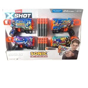 NEW ZURU Sonic Hedgehog SKINS X-Shot dart/play 4 guns 24 foam bullets Gift Set